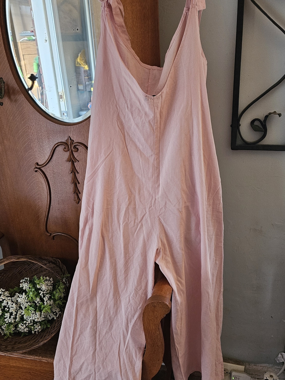 Floral Blooming Blush Pink Cotton Tie-Shoulder Wide Leg Jumpsuit | Size Large - Picture 3 of 7